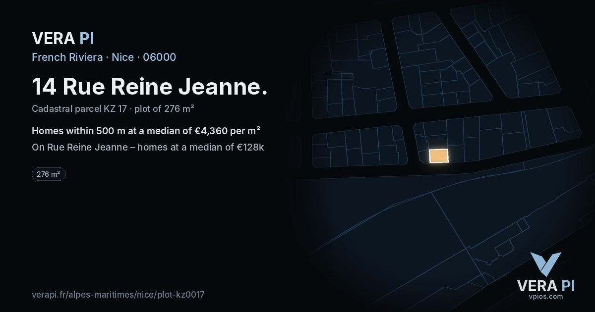 14 Rue Reine Jeanne, Nice at night – the plot lit, the parcels around coloured by the prices near them