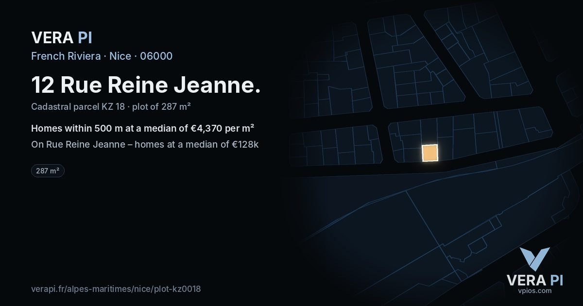 12 Rue Reine Jeanne, Nice at night – the plot lit, the parcels around coloured by the prices near them