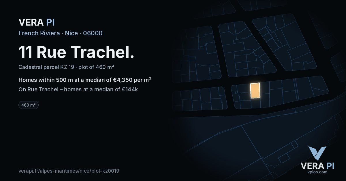 11 Rue Trachel, Nice at night – the plot lit, the parcels around coloured by the prices near them