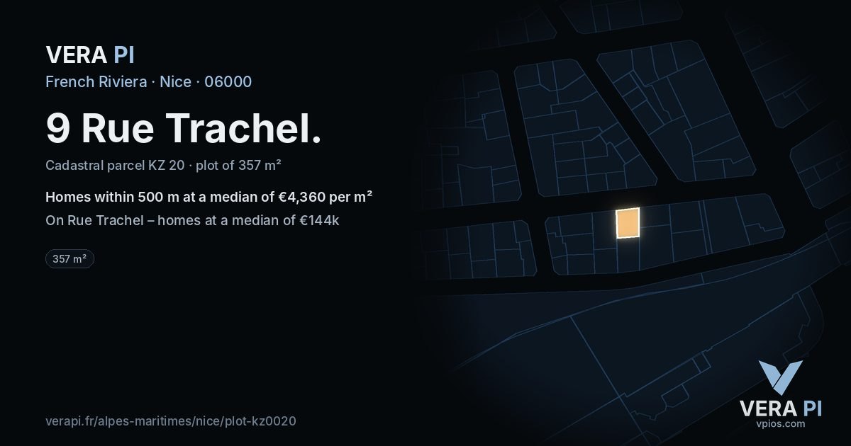 9 Rue Trachel, Nice at night – the plot lit, the parcels around coloured by the prices near them