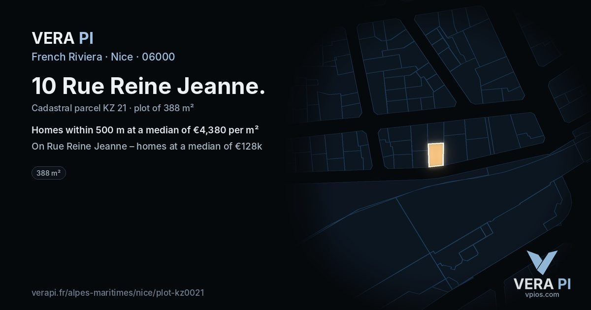 10 Rue Reine Jeanne, Nice at night – the plot lit, the parcels around coloured by the prices near them