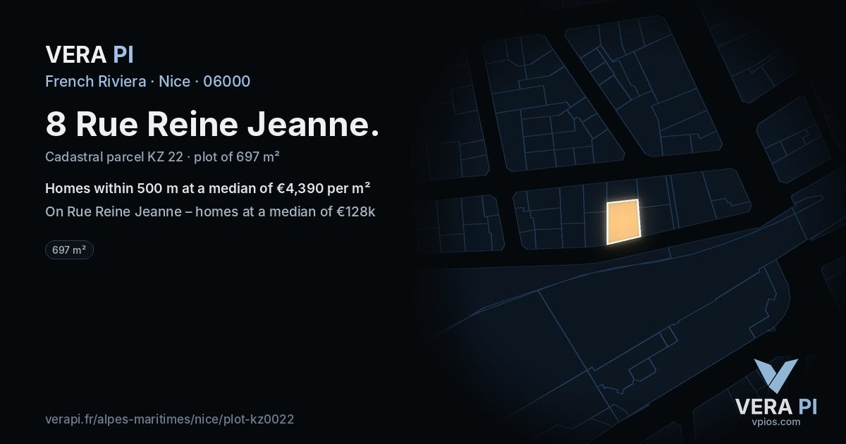 8 Rue Reine Jeanne, Nice at night – the plot lit, the parcels around coloured by the prices near them
