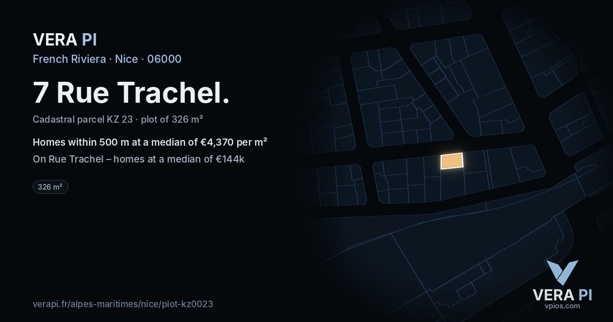 7 Rue Trachel, Nice at night – the plot lit, the parcels around coloured by the prices near them