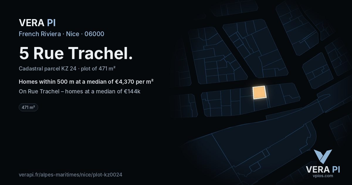 5 Rue Trachel, Nice at night – the plot lit, the parcels around coloured by the prices near them