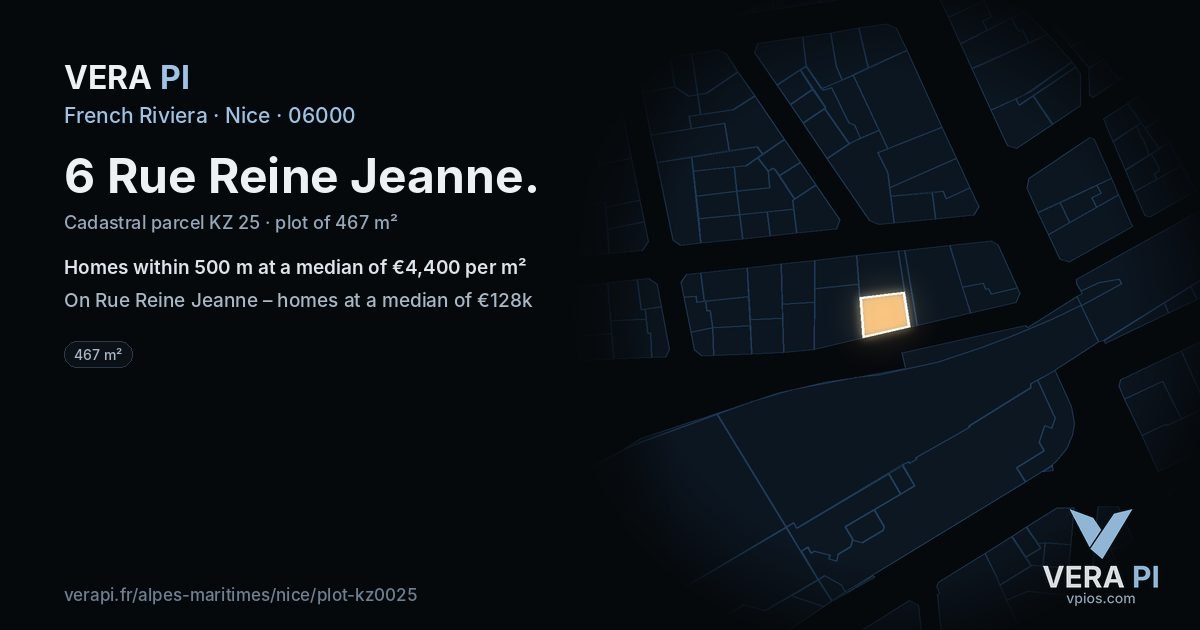 6 Rue Reine Jeanne, Nice at night – the plot lit, the parcels around coloured by the prices near them