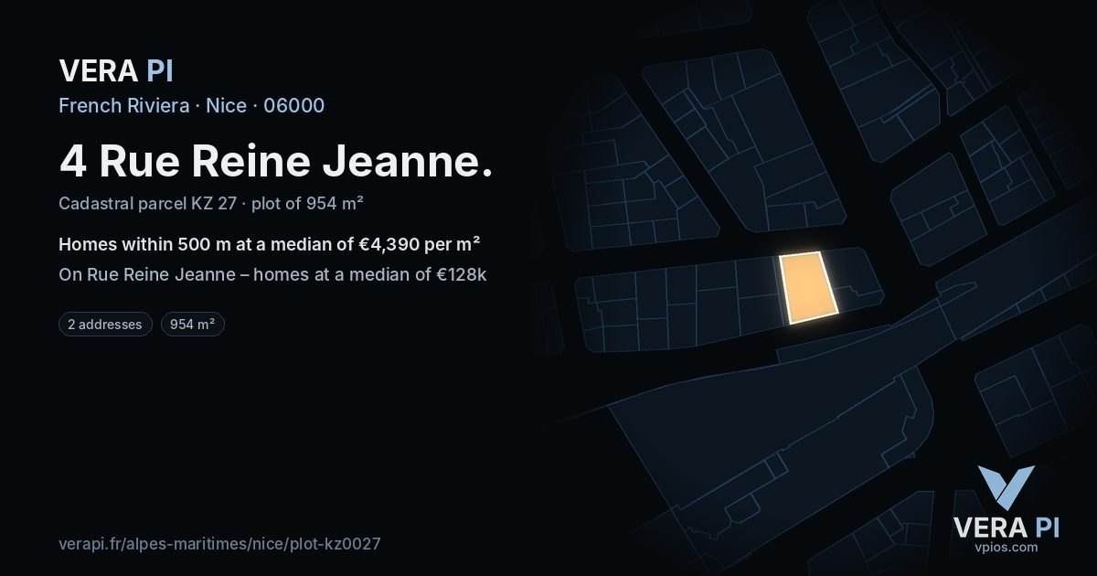 4 Rue Reine Jeanne, Nice at night – the plot lit, the parcels around coloured by the prices near them