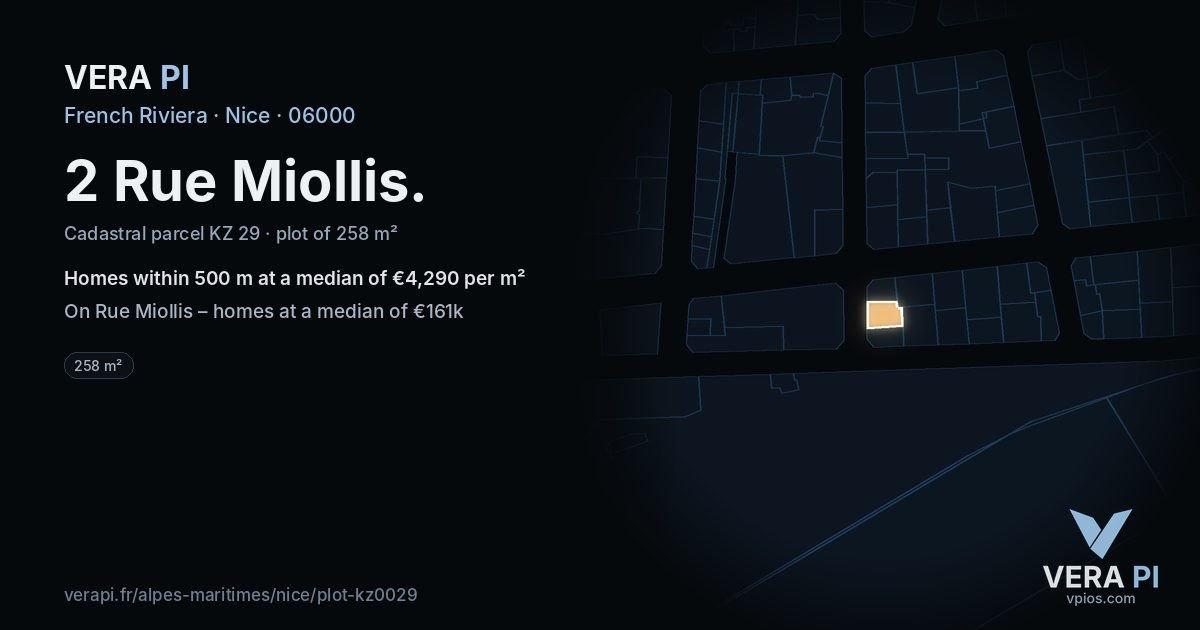 2 Rue Miollis, Nice at night – the plot lit, the parcels around coloured by the prices near them