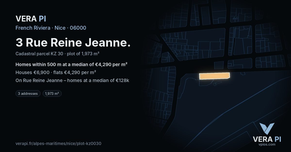 3 Rue Reine Jeanne, Nice at night – the plot lit, the parcels around coloured by the prices near them
