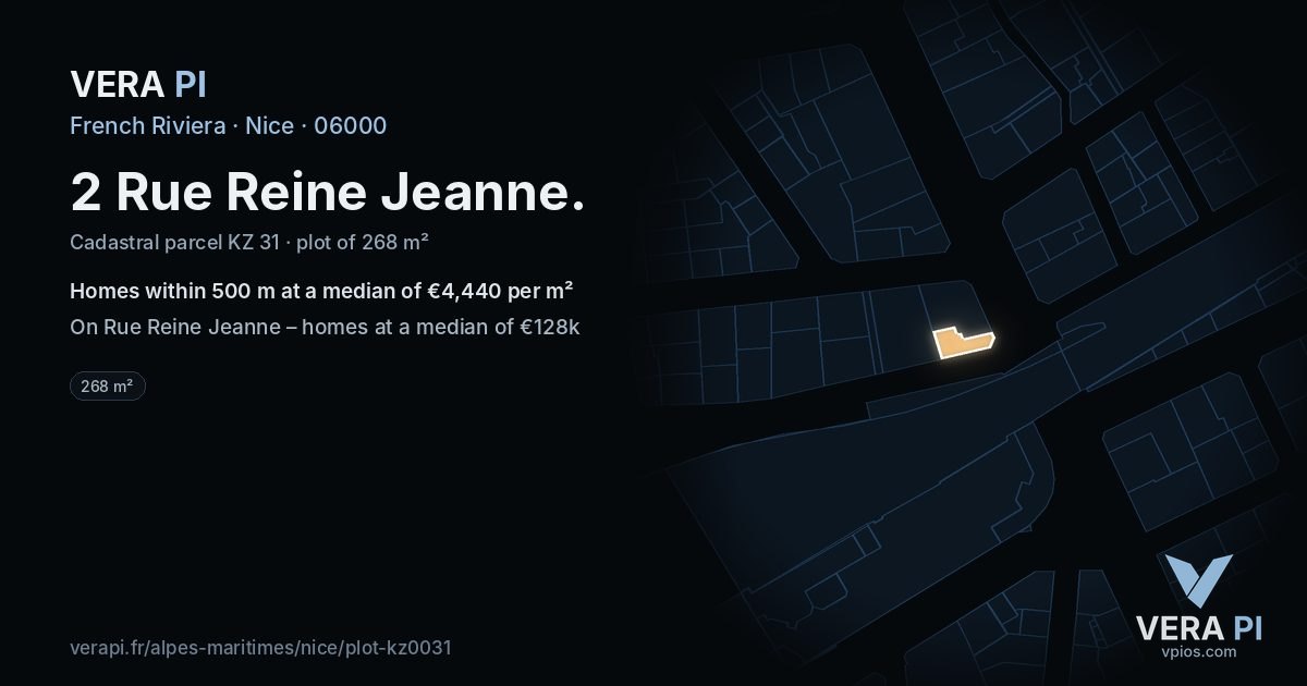 2 Rue Reine Jeanne, Nice at night – the plot lit, the parcels around coloured by the prices near them