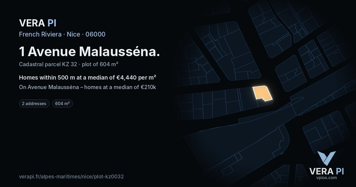 1 Avenue Malausséna, Nice at night – the plot lit, the parcels around coloured by the prices near them