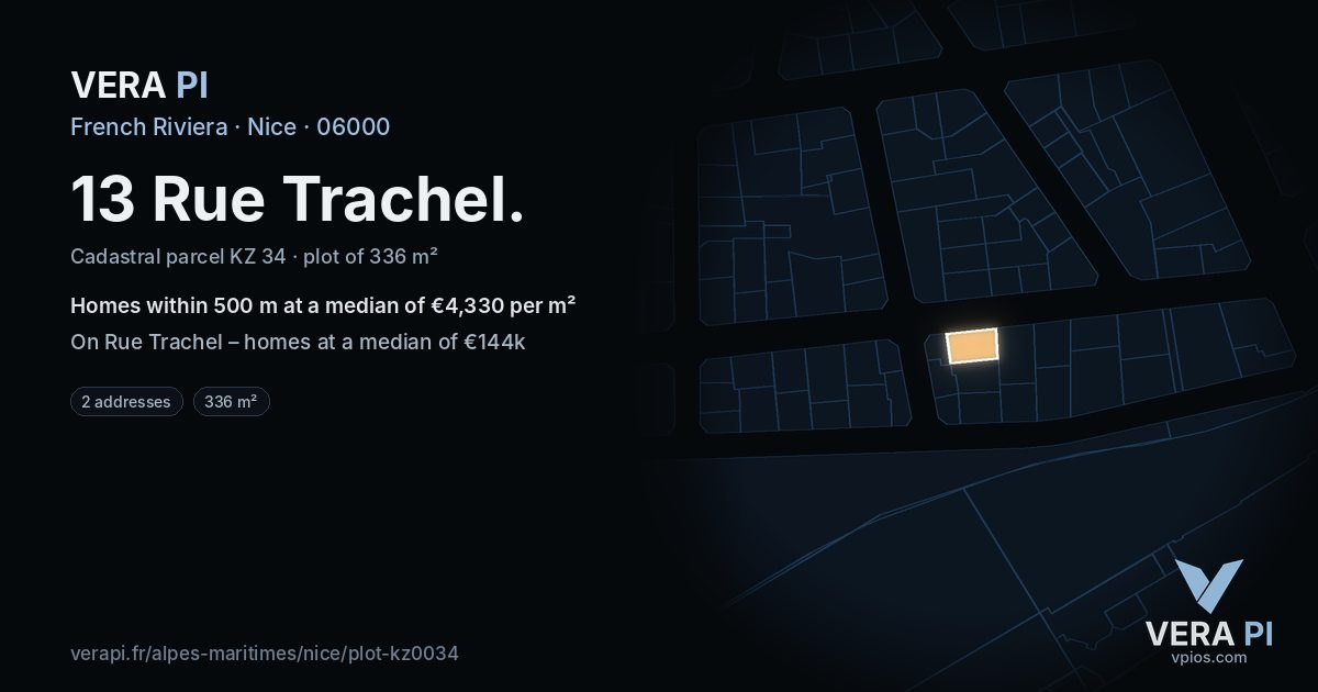 13 Rue Trachel, Nice at night – the plot lit, the parcels around coloured by the prices near them