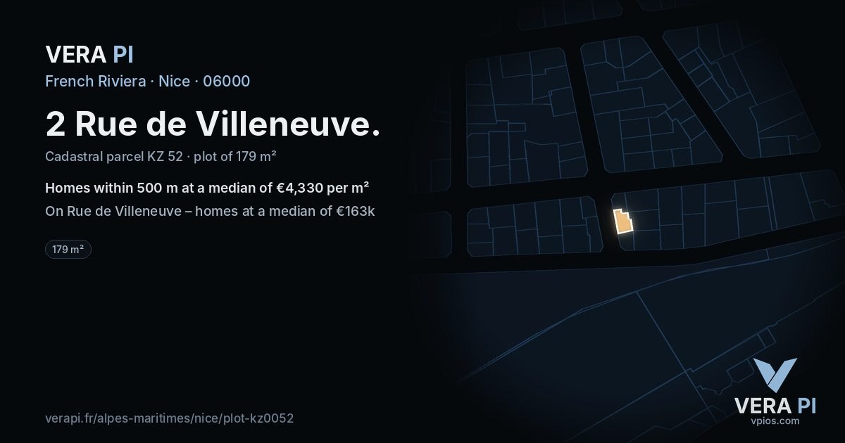 2 Rue de Villeneuve, Nice at night – the plot lit, the parcels around coloured by the prices near them