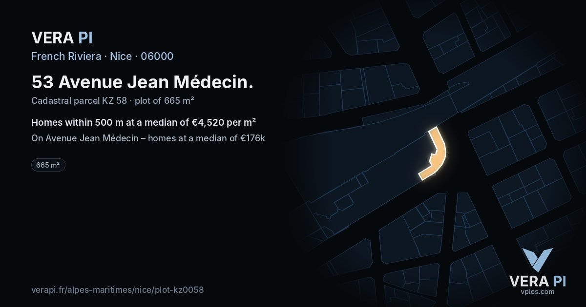 53 Avenue Jean Médecin, Nice at night – the plot lit, the parcels around coloured by the prices near them