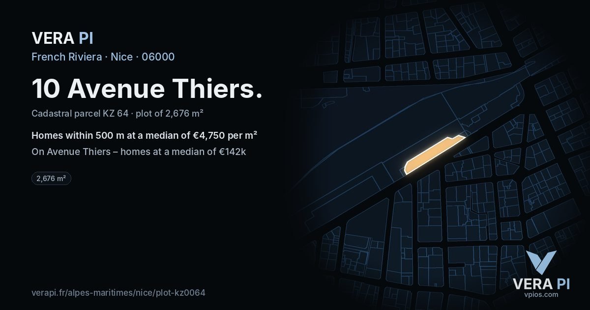10 Avenue Thiers, Nice at night – the plot lit, the parcels around coloured by the prices near them