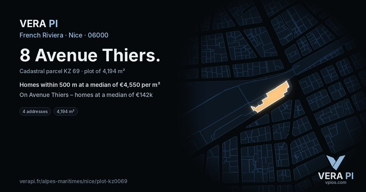 8 Avenue Thiers, Nice at night – the plot lit, the parcels around coloured by the prices near them