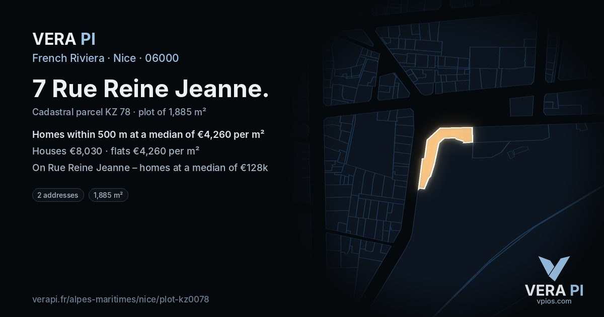 7 Rue Reine Jeanne, Nice at night – the plot lit, the parcels around coloured by the prices near them