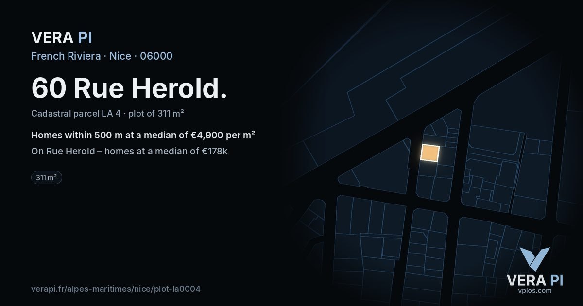 60 Rue Herold, Nice at night – the plot lit, the parcels around coloured by the prices near them