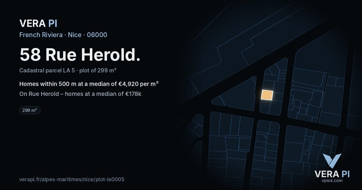 58 Rue Herold, Nice at night – the plot lit, the parcels around coloured by the prices near them