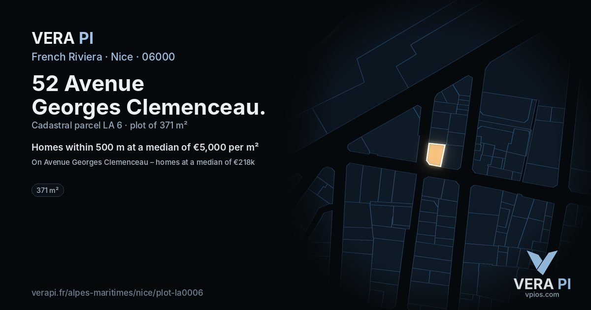 52 Avenue Georges Clemenceau, Nice at night – the plot lit, the parcels around coloured by the prices near them
