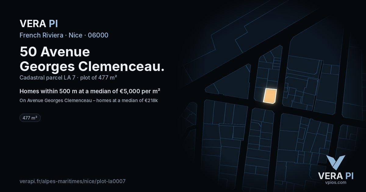 50 Avenue Georges Clemenceau, Nice at night – the plot lit, the parcels around coloured by the prices near them