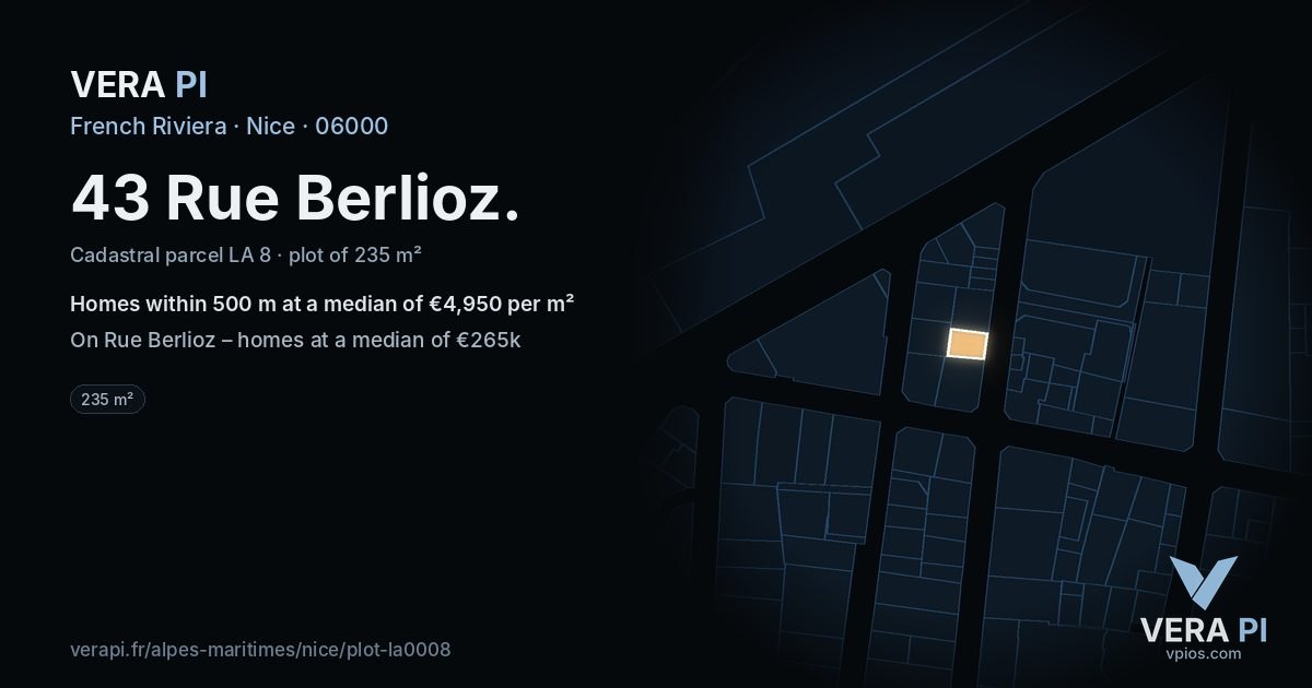 43 Rue Berlioz, Nice at night – the plot lit, the parcels around coloured by the prices near them