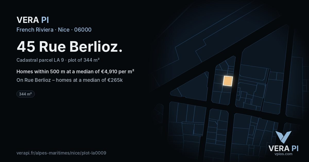 45 Rue Berlioz, Nice at night – the plot lit, the parcels around coloured by the prices near them