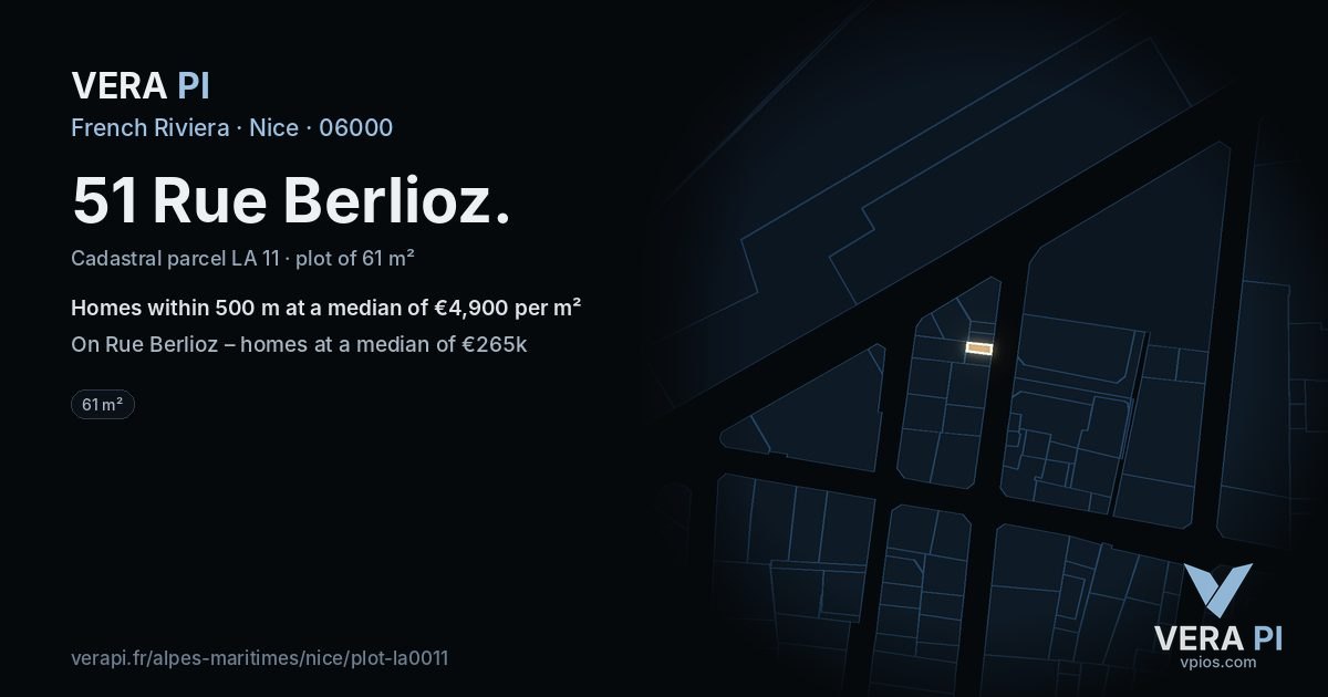 51 Rue Berlioz, Nice at night – the plot lit, the parcels around coloured by the prices near them