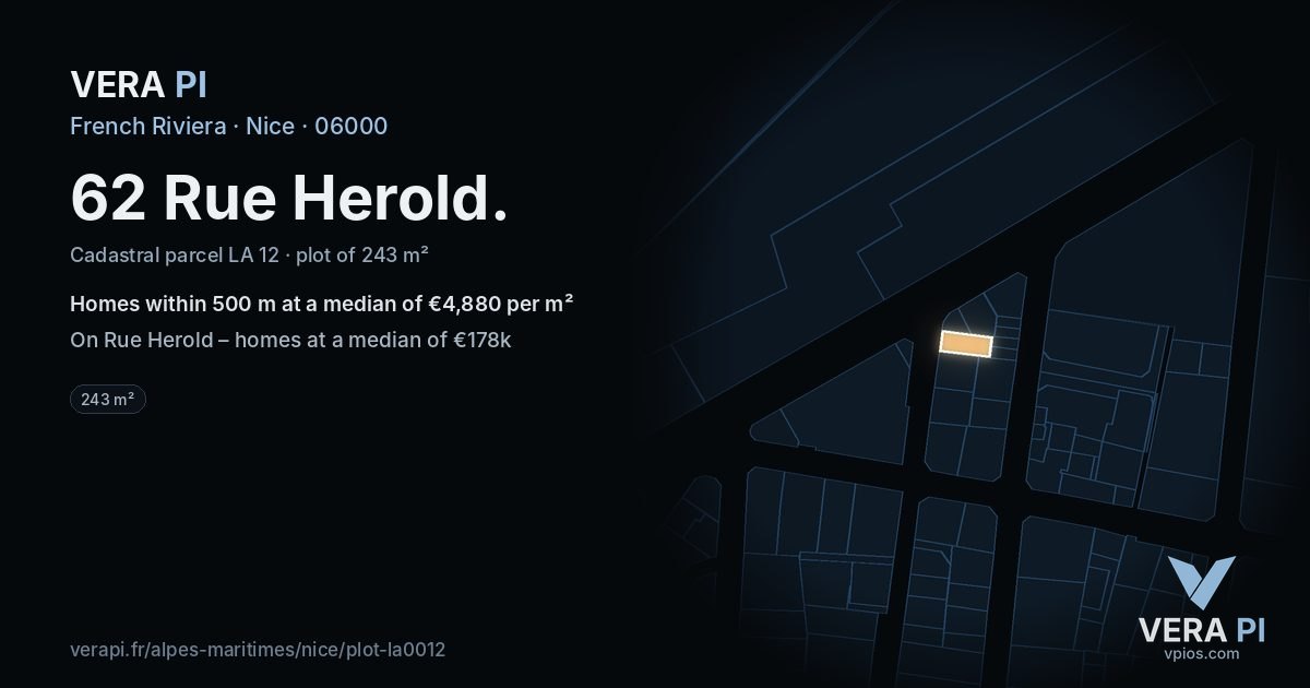 62 Rue Herold, Nice at night – the plot lit, the parcels around coloured by the prices near them