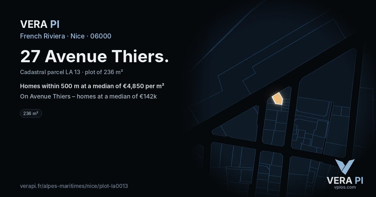 27 Avenue Thiers, Nice at night – the plot lit, the parcels around coloured by the prices near them