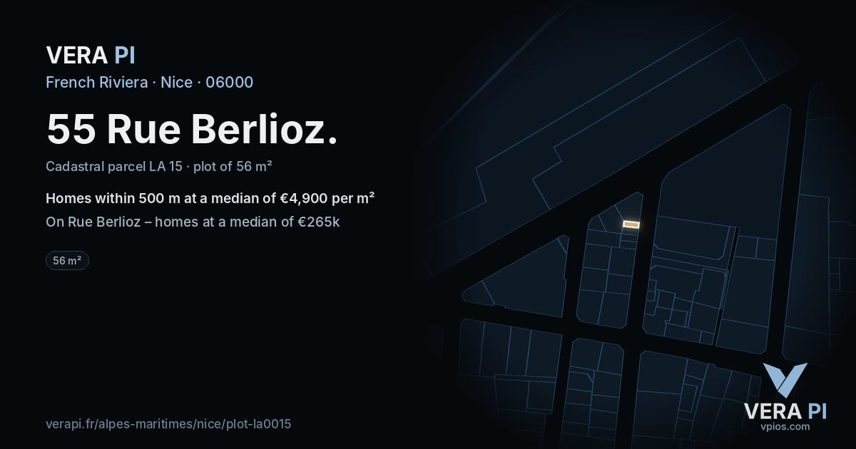 55 Rue Berlioz, Nice at night – the plot lit, the parcels around coloured by the prices near them