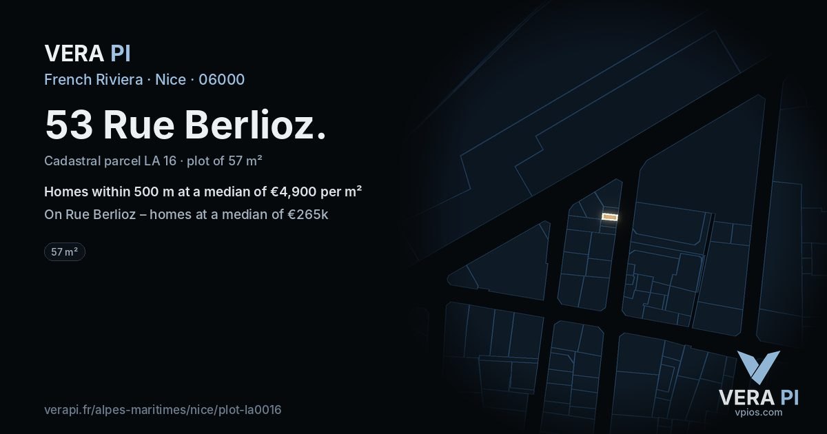 53 Rue Berlioz, Nice at night – the plot lit, the parcels around coloured by the prices near them