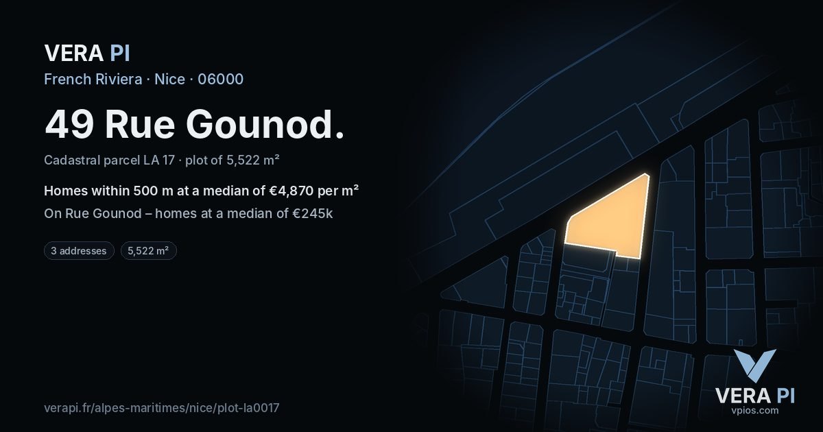 49 Rue Gounod, Nice at night – the plot lit, the parcels around coloured by the prices near them