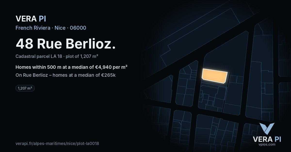 48 Rue Berlioz, Nice at night – the plot lit, the parcels around coloured by the prices near them