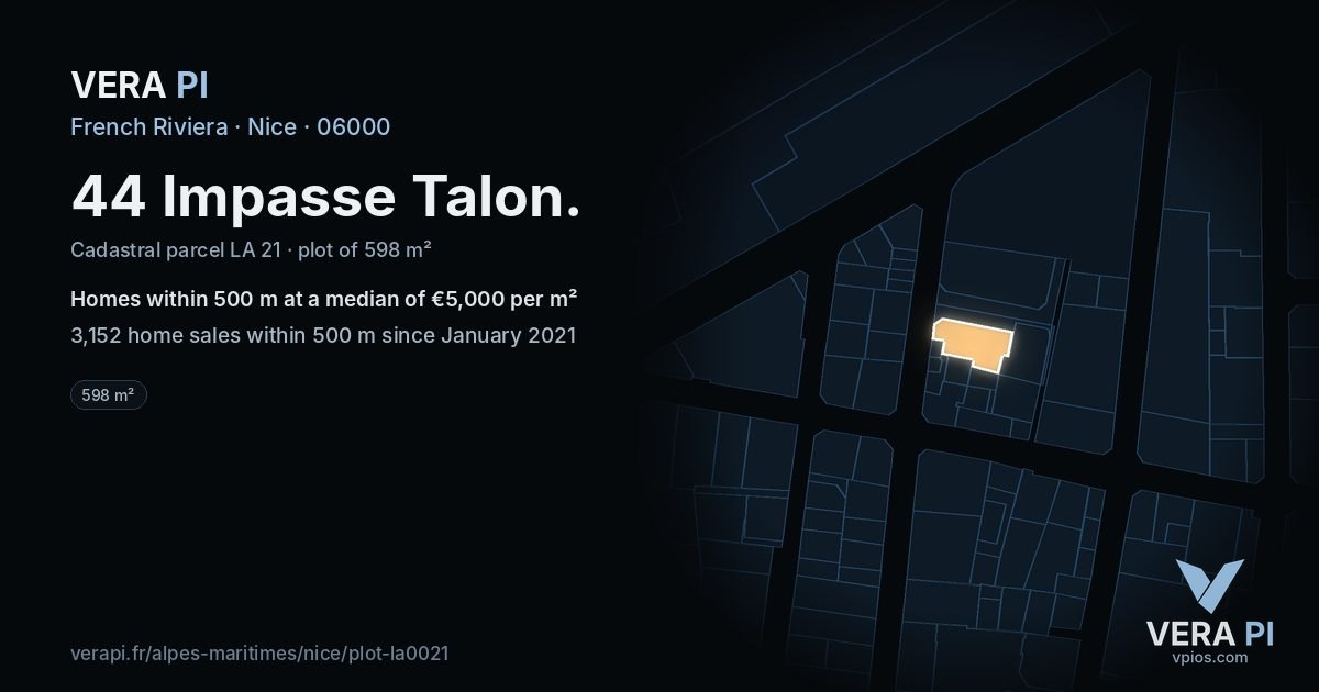 44 Impasse Talon, Nice at night – the plot lit, the parcels around coloured by the prices near them