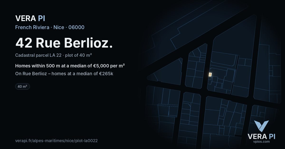 42 Rue Berlioz, Nice at night – the plot lit, the parcels around coloured by the prices near them