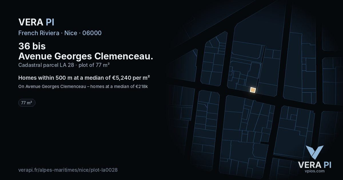 36 bis Avenue Georges Clemenceau, Nice at night – the plot lit, the parcels around coloured by the prices near them