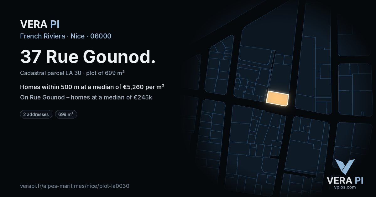 37 Rue Gounod, Nice at night – the plot lit, the parcels around coloured by the prices near them