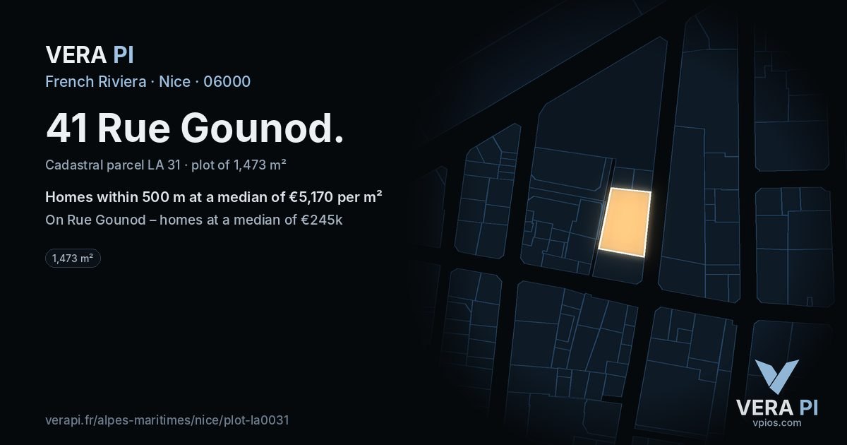 41 Rue Gounod, Nice at night – the plot lit, the parcels around coloured by the prices near them
