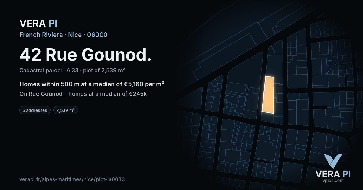 42 Rue Gounod, Nice at night – the plot lit, the parcels around coloured by the prices near them