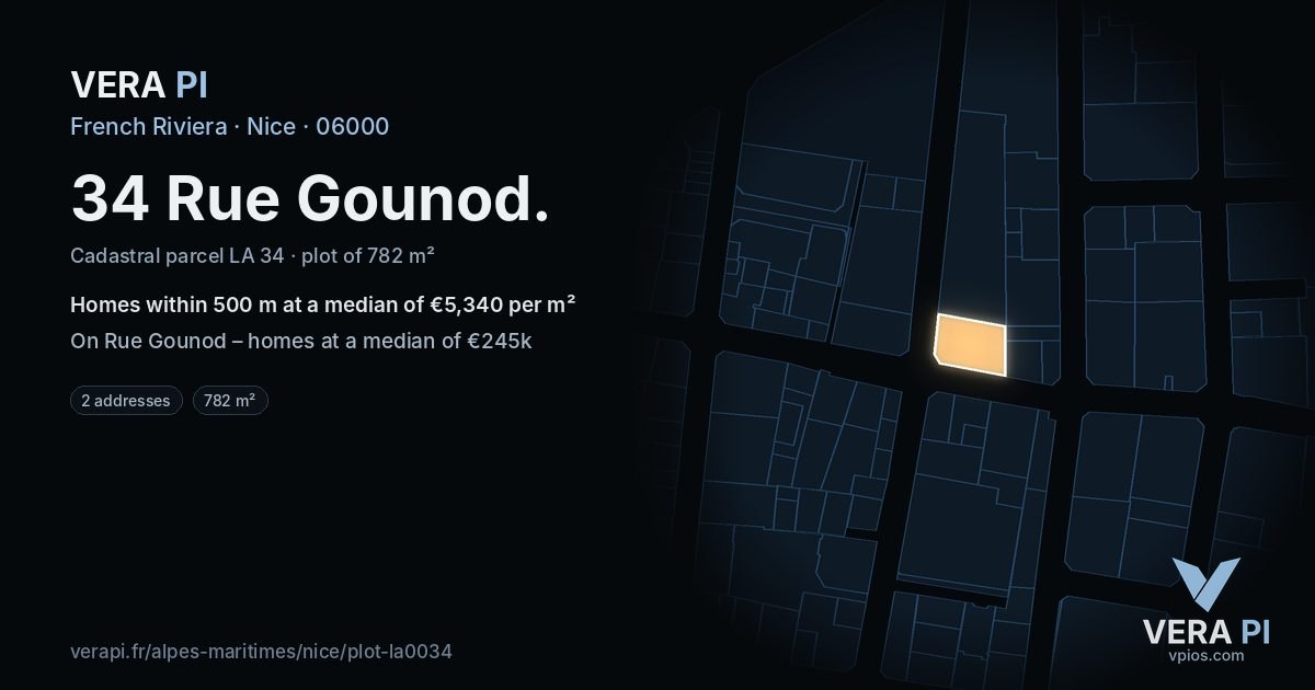 34 Rue Gounod, Nice at night – the plot lit, the parcels around coloured by the prices near them