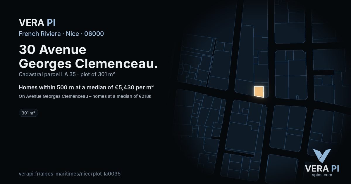 30 Avenue Georges Clemenceau, Nice at night – the plot lit, the parcels around coloured by the prices near them