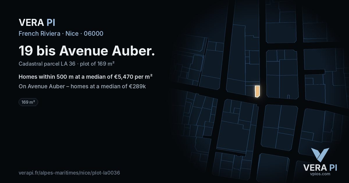 19 bis Avenue Auber, Nice at night – the plot lit, the parcels around coloured by the prices near them