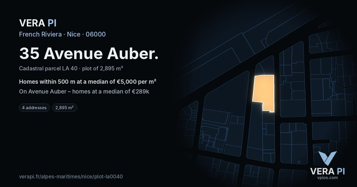 35 Avenue Auber, Nice at night – the plot lit, the parcels around coloured by the prices near them