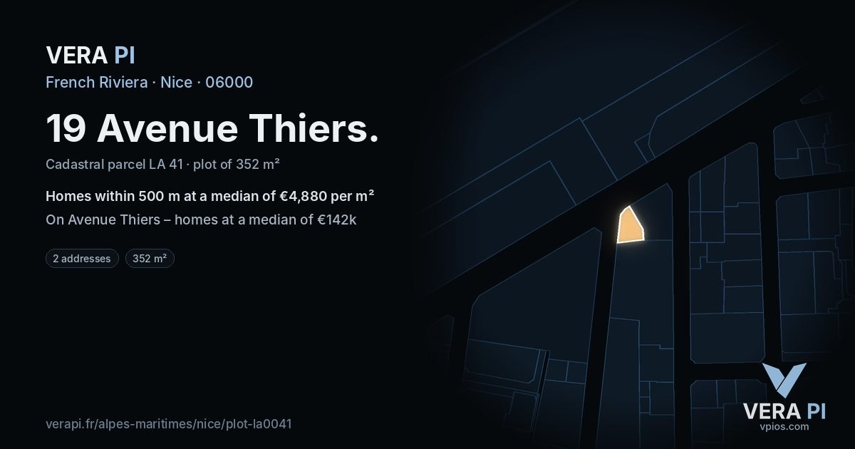 19 Avenue Thiers, Nice at night – the plot lit, the parcels around coloured by the prices near them