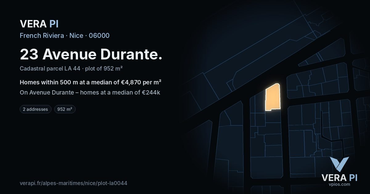 23 Avenue Durante, Nice at night – the plot lit, the parcels around coloured by the prices near them