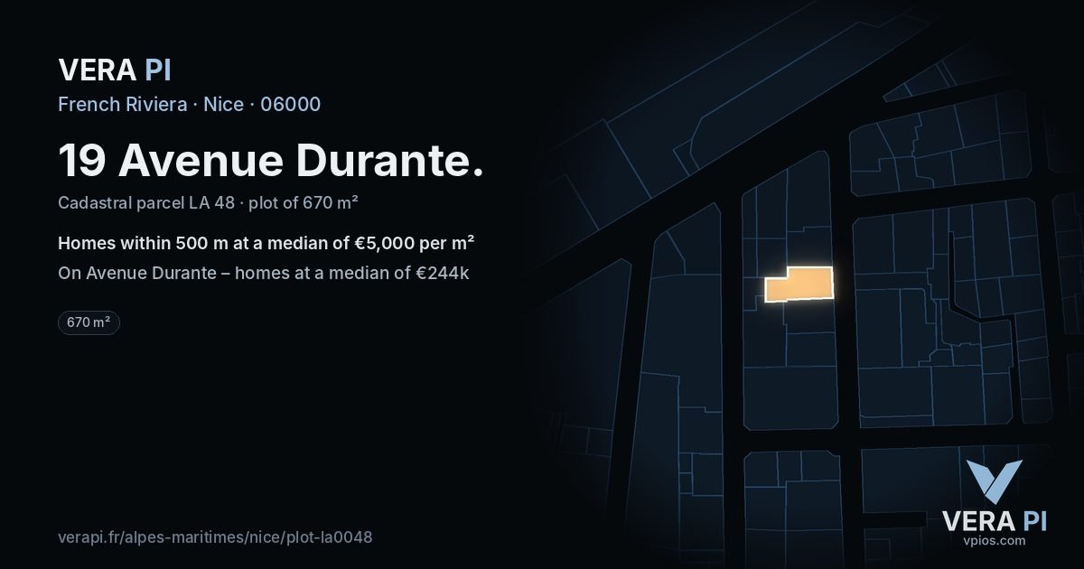 19 Avenue Durante, Nice at night – the plot lit, the parcels around coloured by the prices near them