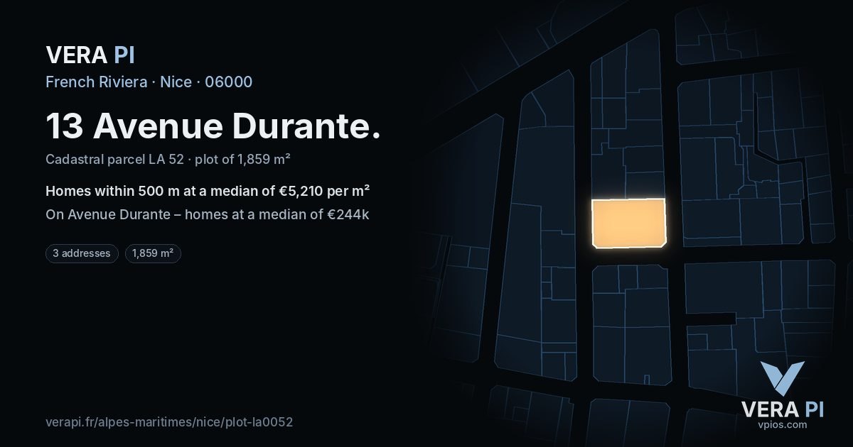 13 Avenue Durante, Nice at night – the plot lit, the parcels around coloured by the prices near them