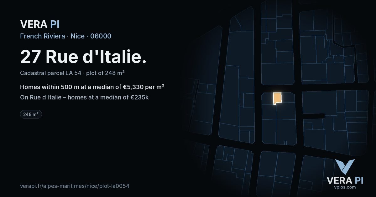 27 Rue d'Italie, Nice at night – the plot lit, the parcels around coloured by the prices near them