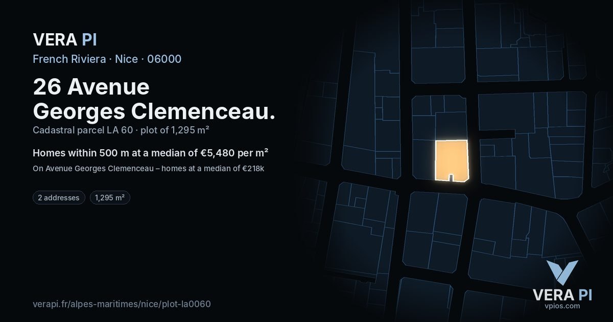 26 Avenue Georges Clemenceau, Nice at night – the plot lit, the parcels around coloured by the prices near them