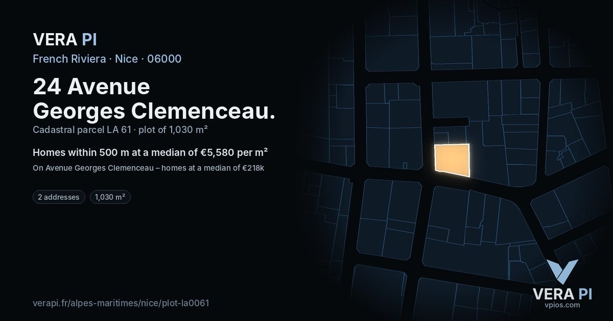 24 Avenue Georges Clemenceau, Nice at night – the plot lit, the parcels around coloured by the prices near them
